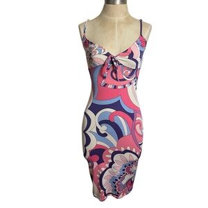 Vintage Y2K Psychedelic Babydoll Slip Dress XS Pink Blue 90s Pucci Style